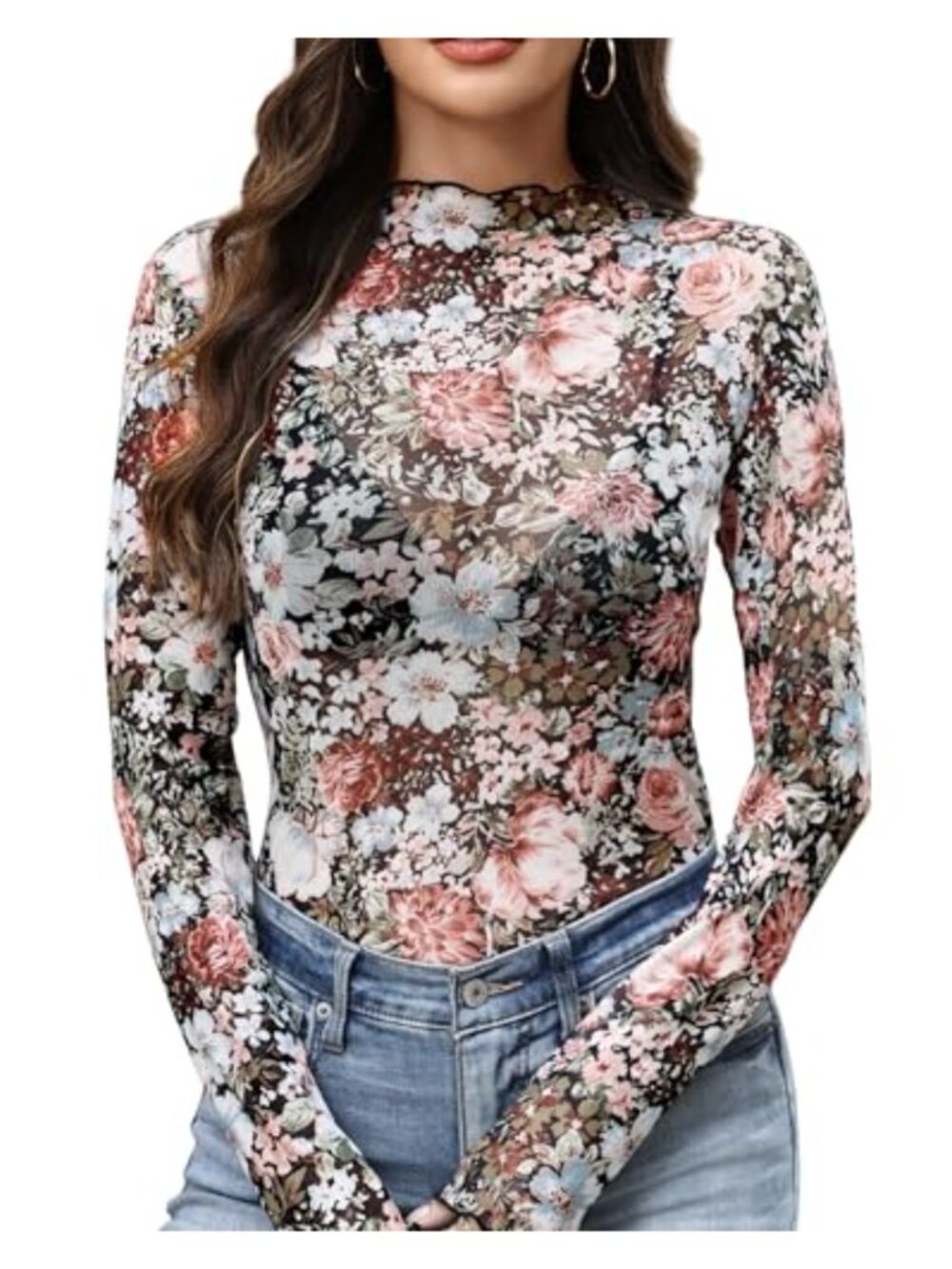 Women's Mesh Long Sleeve Lace Sheer Mock Neck See Through Top